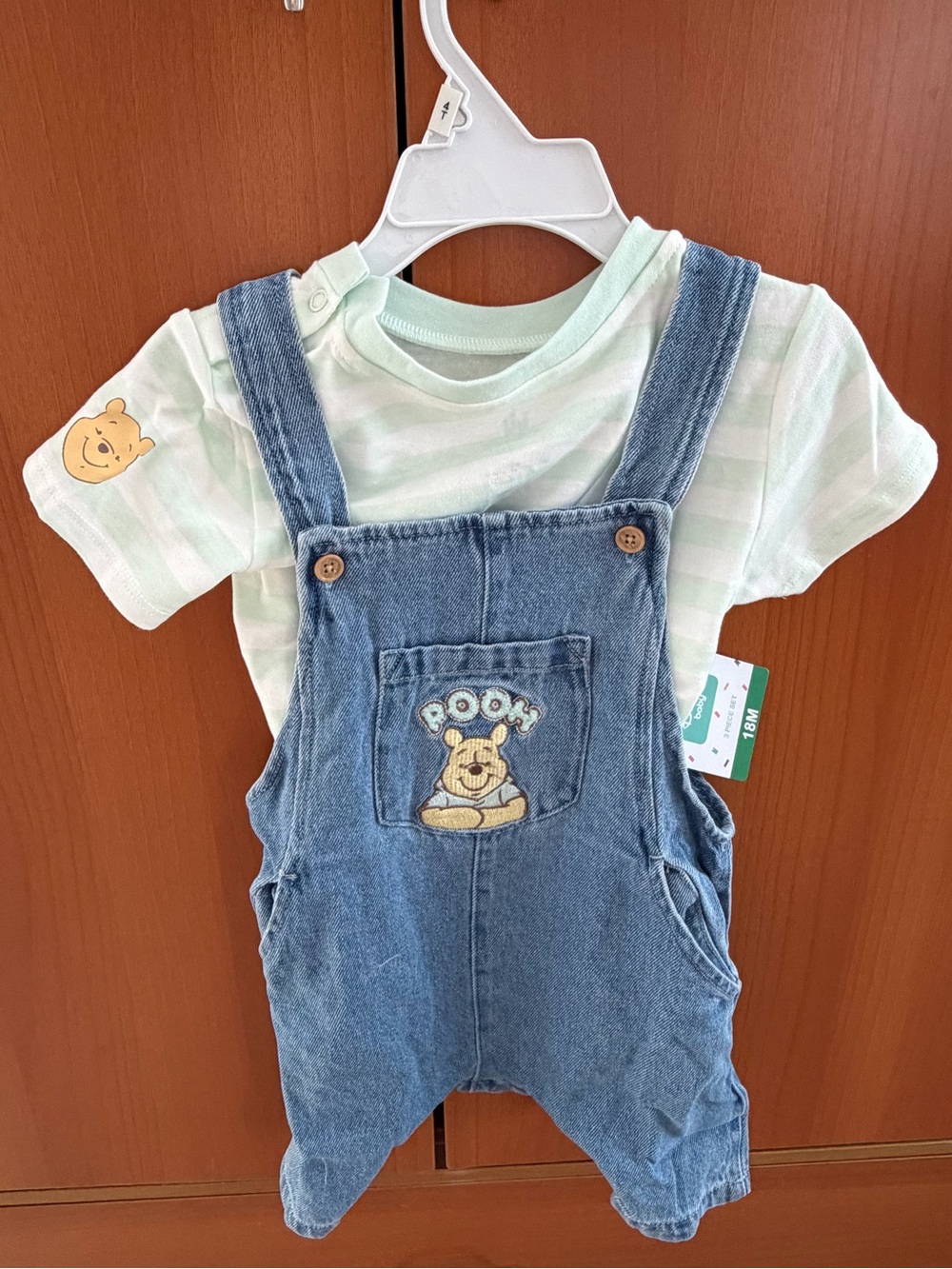 NWT:Disney 3pc set Winnie the Pooh Short Romper Overall Denim; size:18 months.